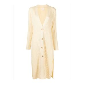 LOULOU STUDIO Women’s Silk Yellow Ribbed Long Button Cardigan Sweater $570